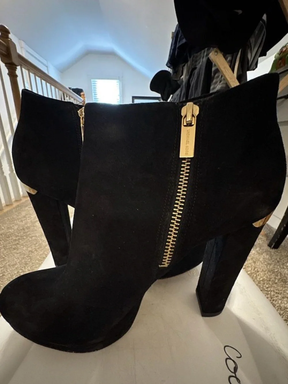 Michael Kors Black Suede Ankle Booties with Gold Zipper